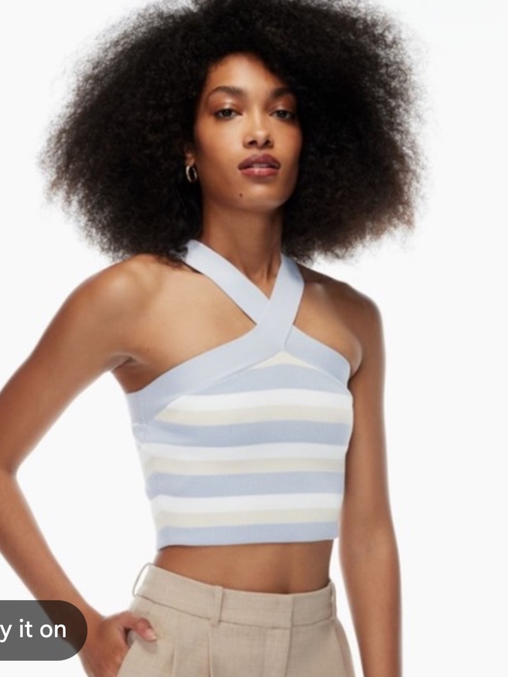 House of Harlow 1960 Striped Ribbed Halter Crop Top in Light Blue, Cream & Tan